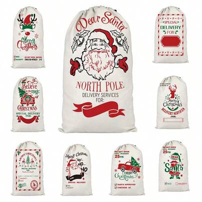 圣诞元素印花仿麻大容量抽绳礼品袋，DIY圣诞主题抽绳袋，圣诞印花仿麻抽绳礼品袋