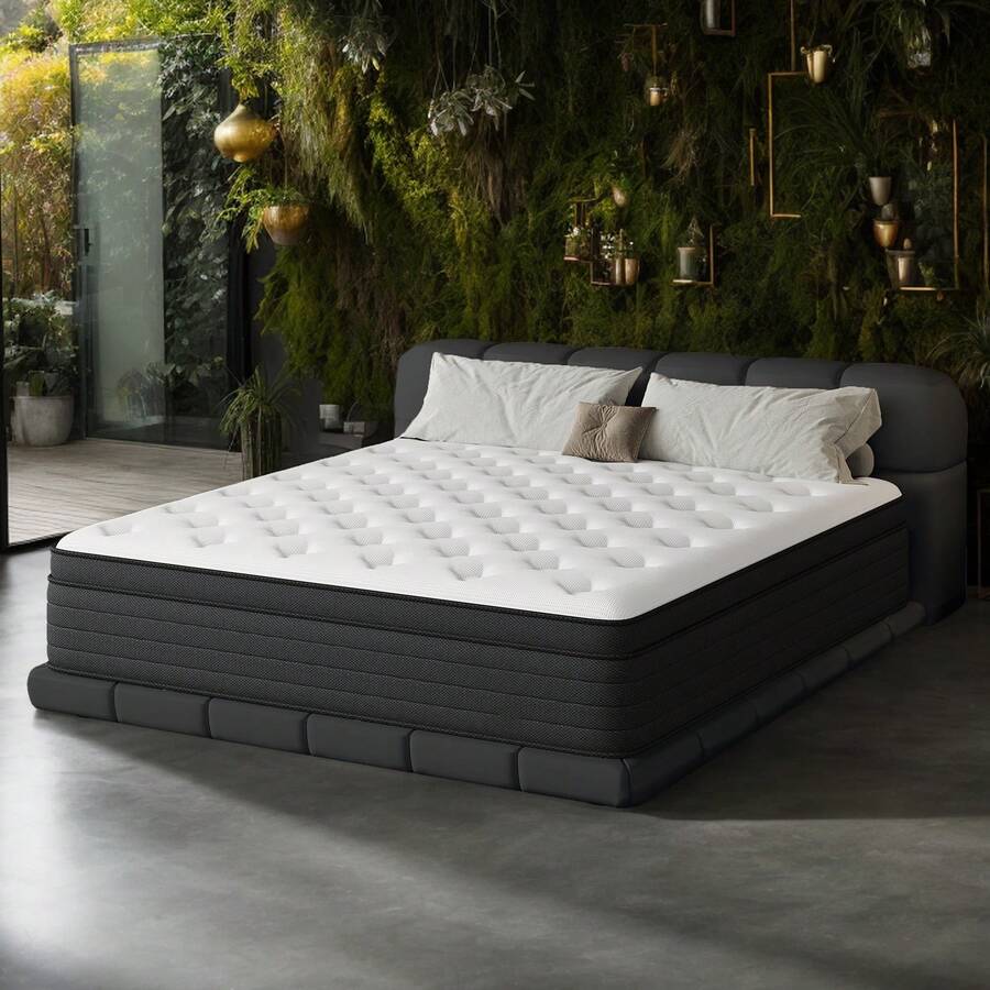 12"Queen Mattress Double Bed Full Size Queen Bed King Bed Mattress Boxed, Hybrid Pocket Spring Breathable Cotton Layer Mattress, Medium Firmness, Lumbar Support And Pressure Relief, Medium Firmness Suitable For Motion Isolation And Quiet Sleep - 黑與白 - 查看 1