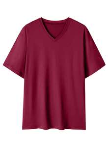 Men's Casual Solid Color V-Neck Short Sleeve T-Shirt, Summer - Burgundy - View 3