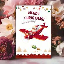 1 buc., Felicitare festivă de Crăciun cu avionul lui Moș Crăciun, Design de desene animate, Hârtie, Felicitare personalizată pentru prieteni, familie și cei dragi, Ideală pentru invitații și urări de sărbători, Sezonul Crăciunului