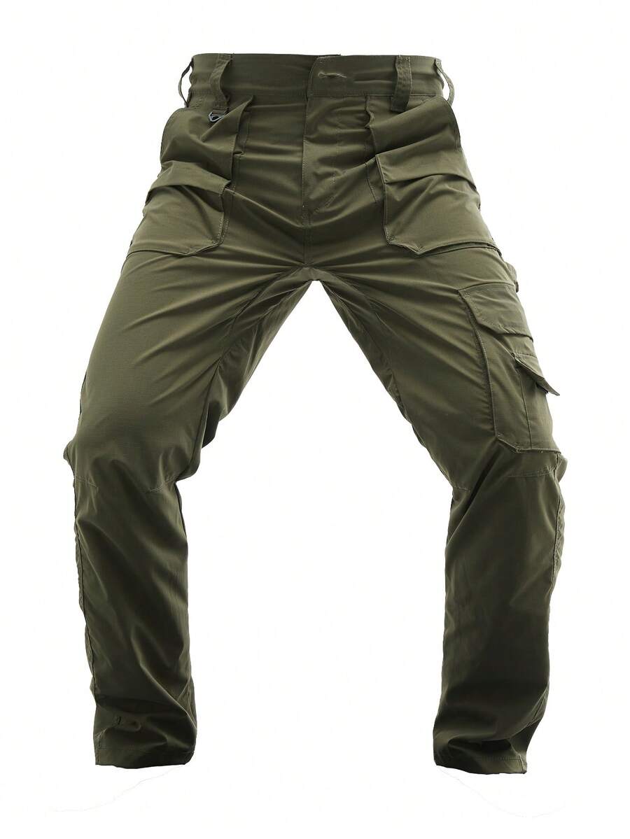 Men's Solid Color Multi-Pocket Cargo Pants With Flap Pocket Design, Heavy Duty Durable Work Trousers, Versatile For Daily Work, Hiking, Mountaineering - 軍綠色 - 查看 1