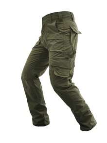 Men's Solid Color Multi-Pocket Cargo Pants With Flap Pocket Design, Heavy Duty Durable Work Trousers, Versatile For Daily Work, Hiking, Mountaineering - 軍綠色 - 查看 3