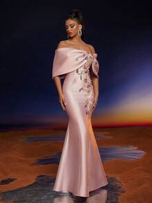 Anymoon Luxury Off Shoulder Sequin Floral Applique Mermaid Long Evening Dress - Bụi hồng - Xem 4