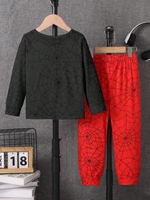 Young Boy Casual Print Outfit, Print Long Sleeve Top + Print Web Pants, Cool Cartoon Style, Suitable For Everyday Wear, Birthday Party, Satisfy Little Hero Dreams, Autumn/Winter - Black - View 2