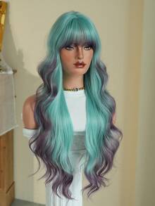 7JHH WIGS Lcy Green Purple Ombre Wigs Loose Extra Long Wavy Wigs For Women, Synthetic Wave Curly Wig With Bangs, Silky Soft Heat Resistant Fiber Hair For Halloween Cosplay Wear, Music Festivals Celebrations Party Use 30 Inch - 漸層藍色 - 查看 3