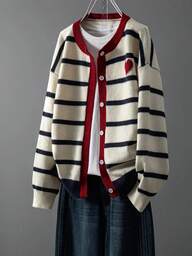 Women's Heart Striped Knit Cardigan, Soft & Comfortable, Open Front Design, Contrast Trim, Loose Fit, Suitable For Romantic Dates And Casual Wear In Autumn/Winter