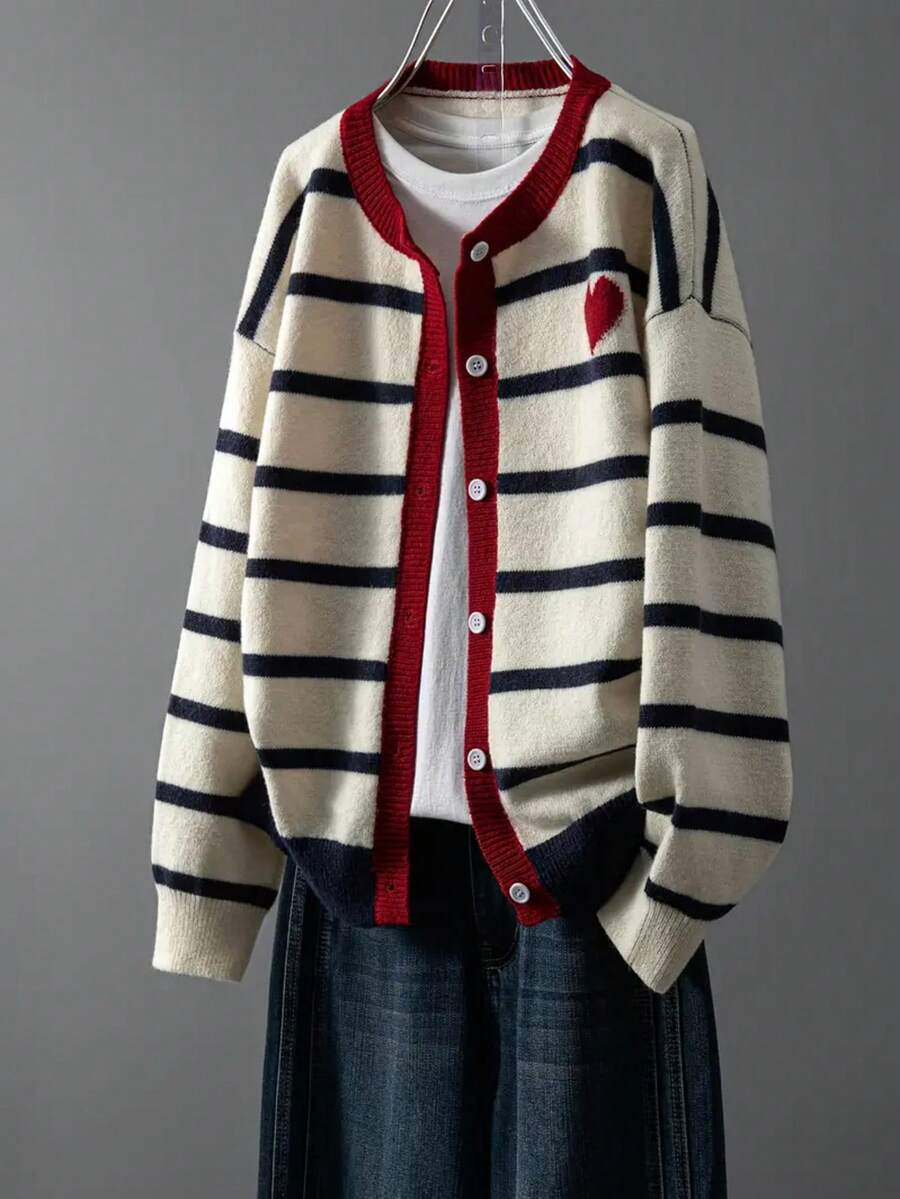 Women's Heart Striped Knit Cardigan, Soft & Comfortable, Open Front Design, Contrast Trim, Loose Fit, Suitable For Valentine's Day, New Year's Romantic Dates And Casual Wear At Home