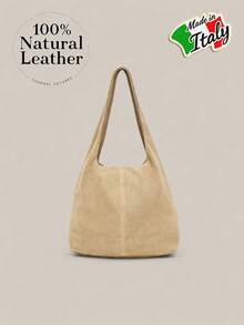 Genuine Italian Suede Women's Handbag, Large Suede Shopping Bag, Large-Capacity Vintage College-Style Shoulder Bag, Women's Daily Bag, Fashion Handbag, Large Shoulder Bag, Casual And Versatile Style, Solid-Color Large-Capacity Shoulder Bag, Women's Designer Handbag - Khaki - View 2