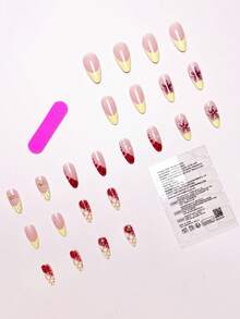 24片/套 法式杏仁形3D立体花朵波点美甲贴纸，含胶水和指甲锉，打造浪漫甜美的日常美甲和约会美甲造型。 - 彩色 - 查看 2