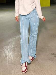 Women's Denim High Waist Flare Jeans Frayed Detail Light Wash Wide Leg Pants For Daily Casual,Country Concert,Brunch,Festival Outfits,Easter Outfit Women,Coachella,Cinco De Mayo,Memorial Day. - 淺色水洗藍 - 查看 2
