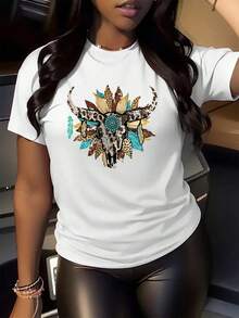 Camiseta de corte relajado para mujer con gráfico de calavera de toro del suroeste, elegante camiseta de inspiración bohemia para uso informal, tela suave y cómoda con colores vibrantes. - Blanco - Ver 2