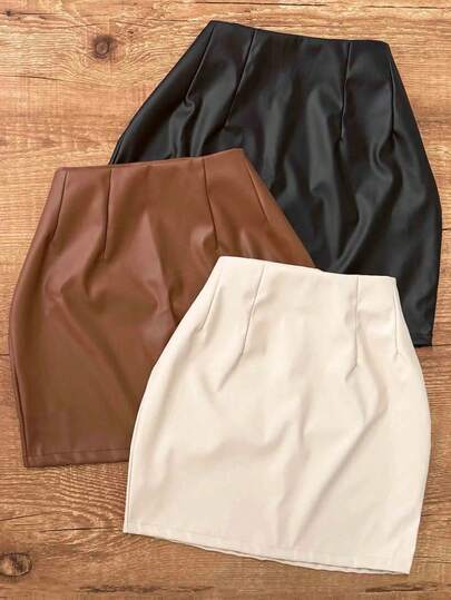 3 piezas Minifalda de mujer de unicolor, sexy, con cremallera de PU, adecuada para citas y uso diario
