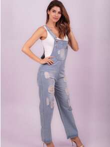 P J PINEDA JEANS Casual Ripped Rigid Denim Straight Cut Overall Jumper