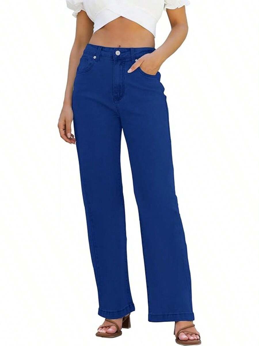 Jeans High Waisted Straight Leg Loose Jeanshalloween - langit biru - View 1