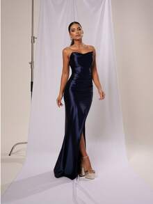 Strapless Dress For Parties, Formal Events, Dinner, Cocktail, Wedding Guest - 藏蓝色 - 查看 2