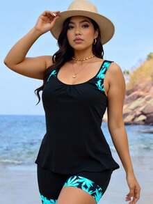 Swim Lushoire Plus Size Coconut Tree Print Patchwork Tankini Swimsuit Set For Summer Beach Vacation - Black - View 2