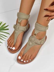 Women's Retro Solid Color Casual Flat Thong Sandals, Lace-Up, Versatile Outdoor Sandals - Khaki - View 7