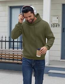 Men Cotton Fleece Hooded Sweatshirt Casual Long Sleeve Hoodies Pullover Fashion Drawstring Hoodie With Kanga Pocket - 軍綠色 - 查看 2