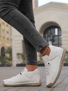 Fall/Winter Women's Casual Slip-On Ankle Boots, Handmade Stitching, Outdoor Hiking, Rubber Anti-Slip Durable Sole, Fashion & Versatile - White - View 4