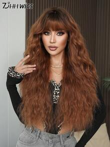 7JHH WIGS Auburn Brown Wig Loose Extra Long Wavy Wigs For Women, Reddish-Brown Synthetic Wave Curly Wig With Bangs Dark Roots Hairline, Silky Soft Heat Resistant Fiber Hair For Daily Wear, Music Festivals Celebrations Party Use 30 Inch - 摩卡棕 - 查看 4