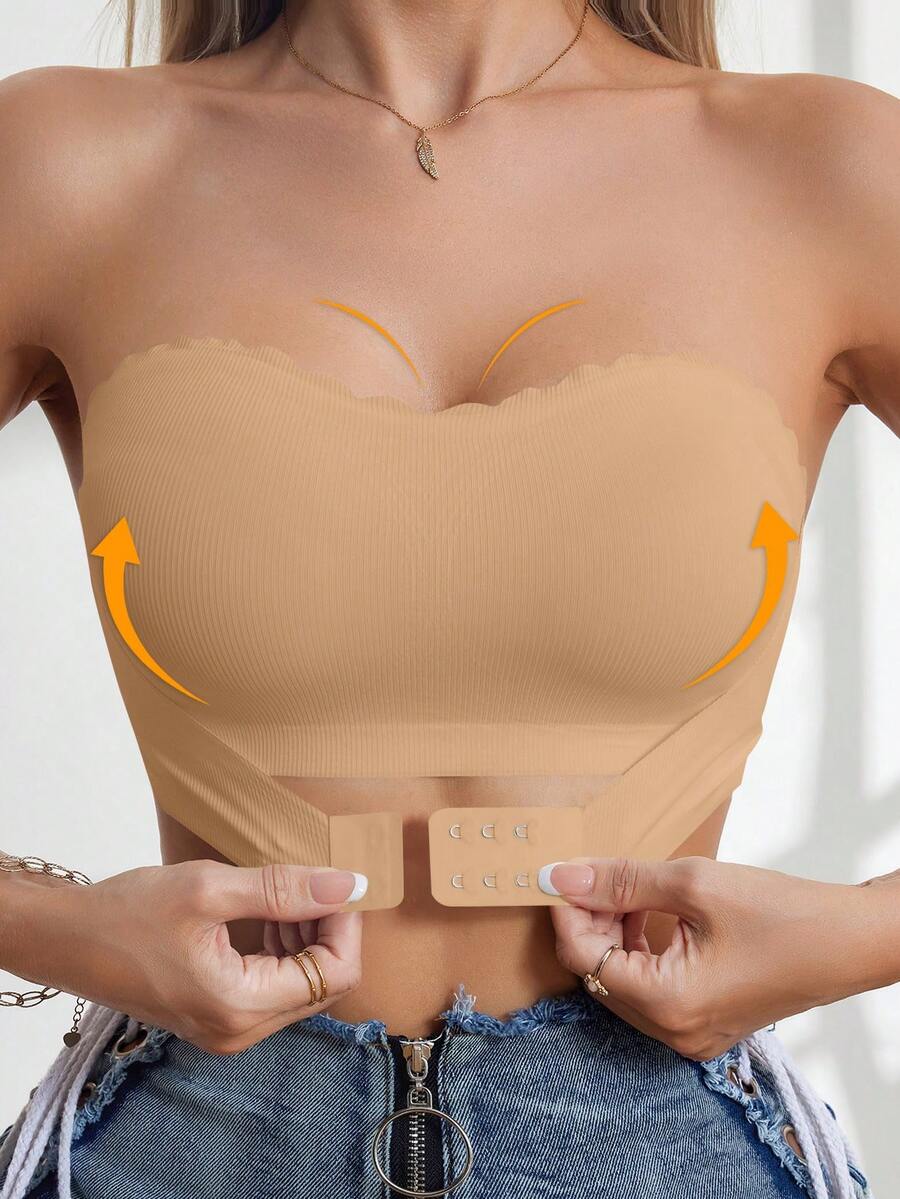 1/2Pcs Front Closure V-Neck Wireless Padded Bra, Front Clasp Gather & Lift Minimalist Bra, Strapless Bra Casual Women's Front Closure Ruched Thread White Bandeau Bra Without Underwire - 駝色 - 查看 1