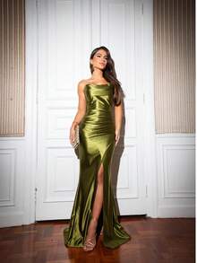 Strapless Dress For Parties, Formal Events, Dinner, Cocktail, Wedding Guest - Màu xanh Ô liu - Xem 1