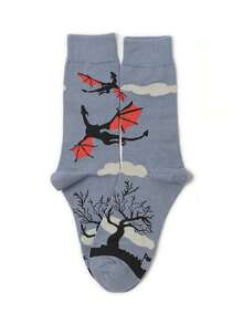 1 Pair Men's Ankle Socks With Cool Dragon Pattern Design, Fashion & Versatile, Suitable For Autumn/Winter, Couples Gift, Ideal For Halloween And Christmas