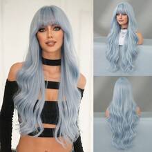 7JHH WIGS Blue Highlight Wigs Loose Extra Long Wavy Wigs For Women, Synthetic Wave Curly Wig With Bangs, Silky Soft Heat Resistant Fiber Hair For Halloween Cosplay Wear, Music Festivals Celebrations Party Use 30 Inch - 挑染藍色 - 查看 9