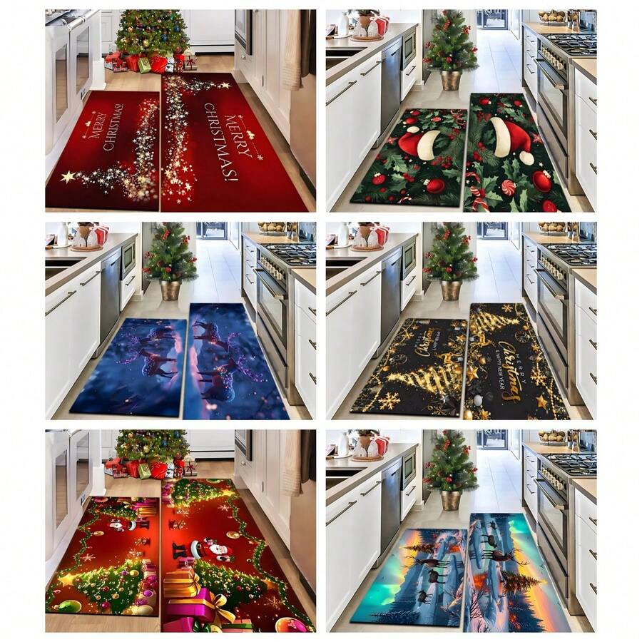 Paillasson thème noir et or de Noël avec design d'arbre de Noël et couronne de renne - résistant à la saleté, léger, convient pour la salle de bain, le salon, la chambre, la cuisine, le bureau - décoration de Noël