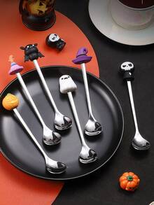 1pc/6pcs Stainless Steel Spoons, Halloween Coffee Stirring Spoons, Dessert Spoons, Cutlery Set