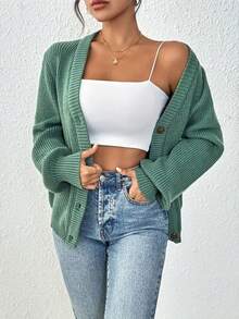 Women's Sweater - Simple Casual Front Button Design Soft Cardigan, Emerald Green Casual Fashion Sweater Ribbed Knitted, A Must-Have For All Seasons, Loose And Comfortable Fabric Long-Sleeved Top, V-Neck Design Front Button Breathable Material, Elegant Style For Daily Office Wear - màu xanh lá - Xem 2