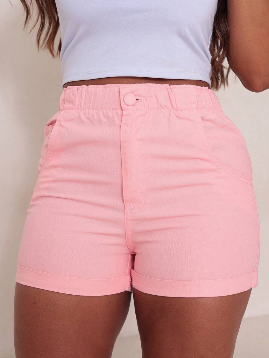 Traditional Denim Shorts With Elastic Waistband - Màu Hồng baby - Xem 1