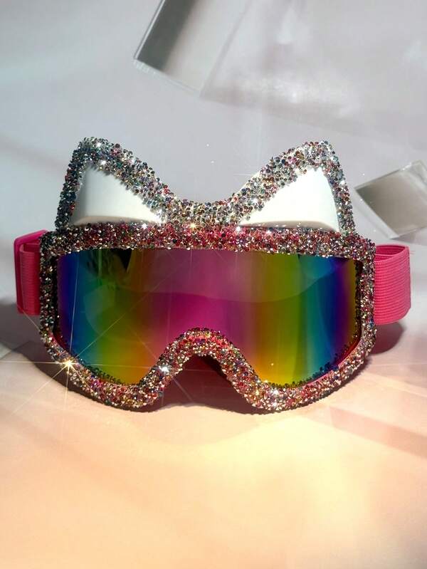 1pc Fashionable Rhinestone Goggles, Anti-Fog Anti-Dust Oversized Motorcycle Cat Ear Cute Light Pink Ski Goggles For Women, Motorcycle Riding Sandproof Goggles With Rhinestone, Outdoor Windproof Integrated Goggles, Cute Cat Ear Design
