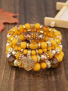 4 Pieces/Set Girls Bohemian Multi-Layer Elastic Crystal Love Tassel Simple Versatile Mother's Day Gift Bracelet