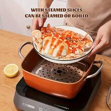 BDQ 4 Pcs Copper Chef Cookware Non Stick Deep Frying Pan 9.5" X 3.5", Fry Basket, Steamer Rack, Dishwasher & Oven, 5 Qt Deep Square Pot & Non Stick Pan, Induction Copper Cookware Set - trái cam - Xem 4