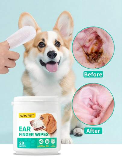 GJYC PET Dog Ear Wipes, Dog Ear Cleaner Finger Wipes For Dogs And Cats, 20 Counts Pet Ear Wipes, Soft & Easy Otic Cleaning Pads, Non-Irritating