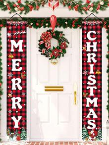 2pcs/Set Christmas Decoration Door Couplets, Red Black Plaid Santa Claus Snowman Pattern Door Banners, Merry Christmas Party Decoration Background Cloth, Christmas Indoor/Outdoor Porch Wall Decoration Hanging Flags, Christmas Entrance Door Front Door Decoration, Christmas Courtyard Garden Decoration