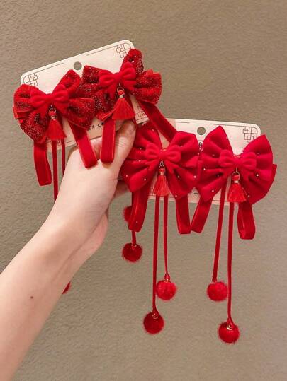 2/4pcs Girls Red Bowknot Pendant Hair Clips