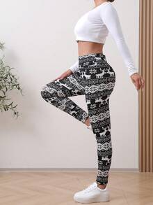 1件装冬季运动紧身裤 高腰加厚羊毛保暖绒面加厚保暖绒面休闲圣诞驯鹿印花紧身裤 冬季女款，舒适 - 黑與白 - 查看 7