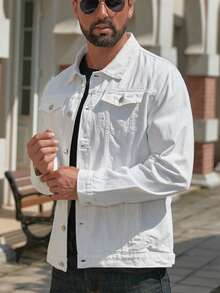 White Denim Jacket, Casual Outerwear For Men, Spring/Autumn - White - View 2