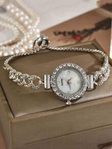 1pc Women's Gold-Tone Alloy Fully Paved Crystal Heart Shaped Case Arabic Numeral Dial Quartz Watch With Drawstring Adjustable Strap, Suitable For Daily Matching, Birthday, Women's Gift, Anniversary, Year-End Promotion, Singles' Day, Halloween Promotion, Etc.