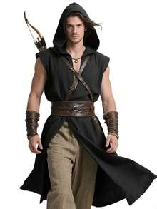 1 件复古中世纪前开式连帽长袍斗篷，酒红色、黑色、绿色，适合万圣节、狂欢节、派对、舞台服装、维京 - 黑色 - 查看 9