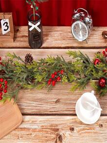 1pc Christmas Garland With Red Berries - Artificial Pine Needle Wreath For Mantle, Door, And Home Party Decor, Festive Holiday Decoration, Garden Style, Perfect For Creating A Cozy And Inviting Atmosphere, Christmas Decorations