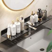 Estantería para lavabo sin taladrar con grifo y espejo, estantería de almacenamiento para baño con drenaje frontal, unidad de estantería simple - Negro - Ver 1