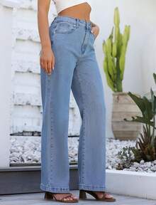 Jeans High Waisted Straight Leg Loose Jeanshalloween - 藍色 - 查看 2