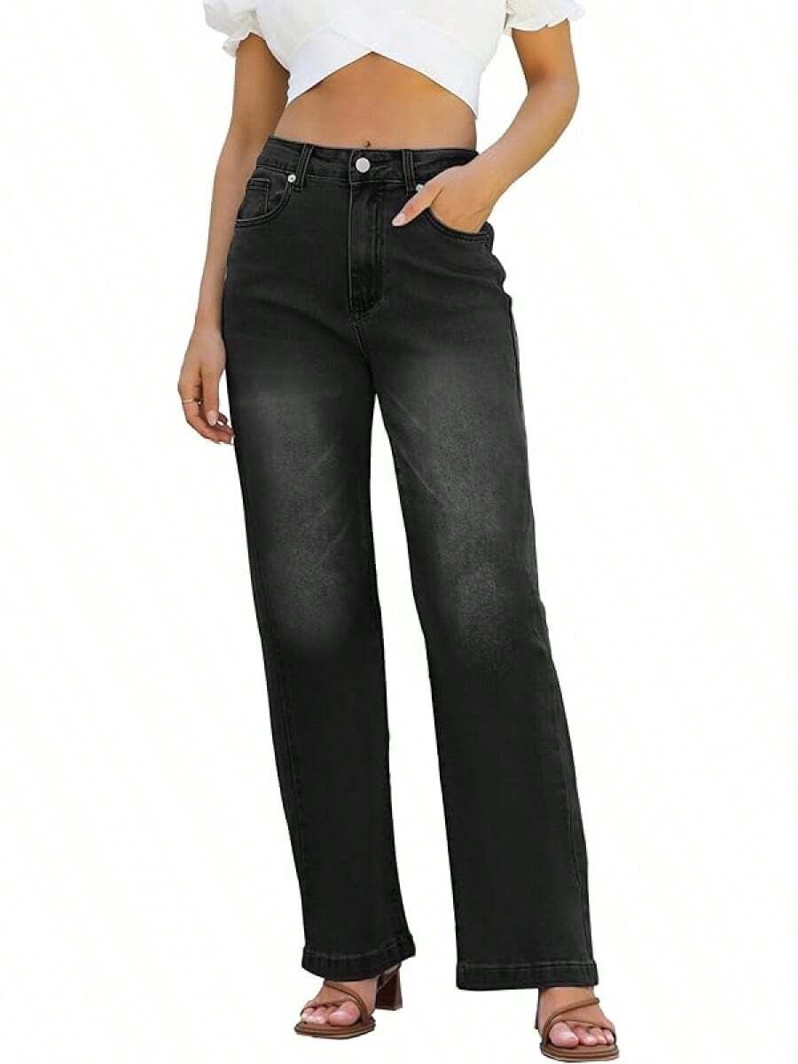 Jeans High Waisted Straight Leg Loose Jeanshalloween - Black Gray - 查看 1