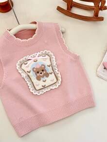 WUHUANG YIYI 女童可爱卡通熊心蕾丝装饰针织背心，宽松百搭，可作为外套，春季 - 粉色 - 查看 5