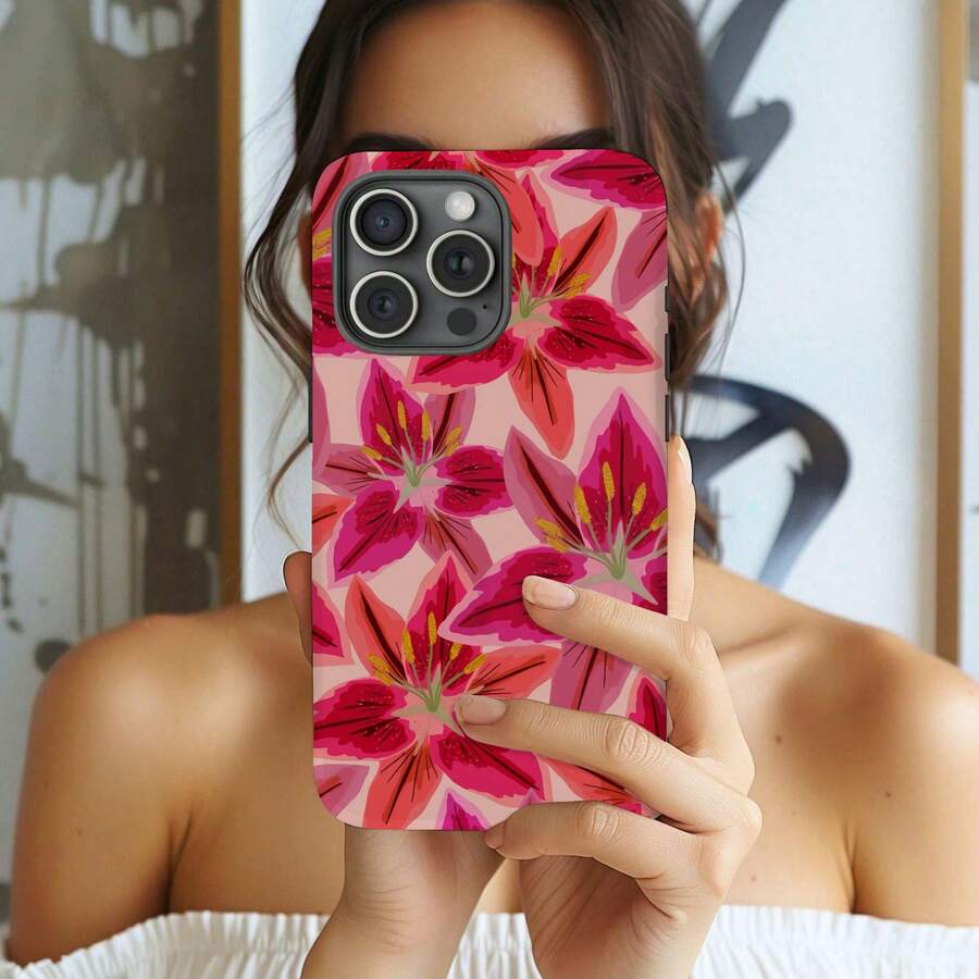 Lily Flower Pattern Durable Phone Case, Compatible With IPhone 16 Pro Max, 15 Plus, 14 Pro, 13, 12, 11 - Red - View 1