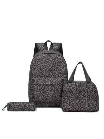 3 件套休闲豹纹背包套装，包括背包、午餐袋、斜挎包和铅笔袋，带笔记本电脑隔层，可调节肩带，多口袋大容量多用途背包，适合女性/女孩/青少年/大学生/毕业生日常使用/度假/旅行/返校