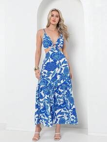 Dress With Elastane At The Back, You Can Tie It At The Back With A Print - 藍色 - 查看 1